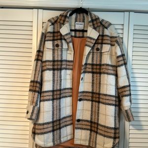 Old Navy Tan Shacket with brown and black stripes